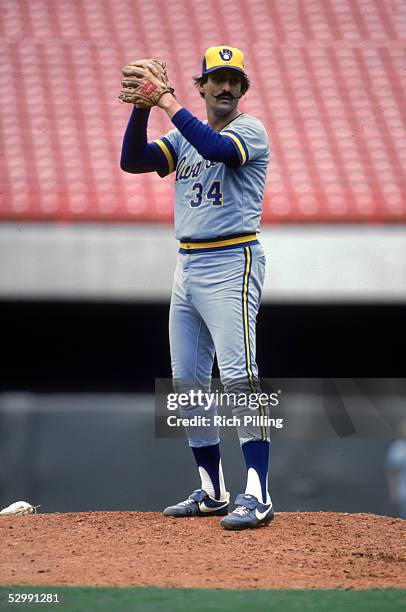 Rollie Fingers of the Milwaukee Brewers pitches during an MLB game. Rollie Fingers played for the Milwaukee Brewers from 1981-1985.