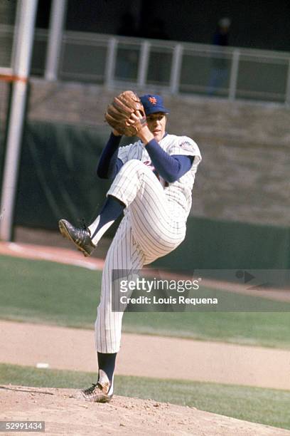 Tom Seaver of the New York Mets pitches during an MLB game at Shea Stadium in Flushing, New York. Tom Seaver played for the New York Mets from...