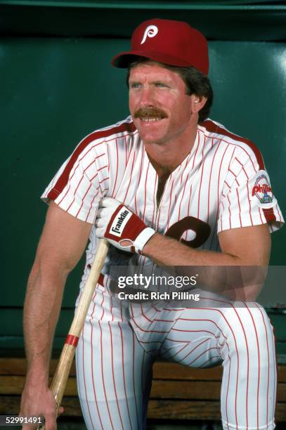 Mike Schmidt of the Philadelphia Phillies poses during an MLB game at Veterans Stadium in Philadelphia, Pennsylvania. Schmidt played for the...