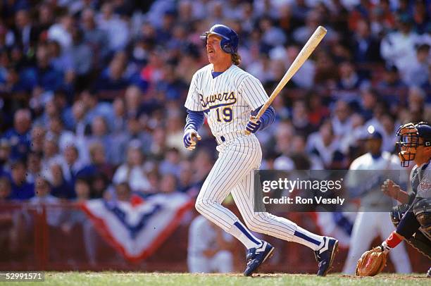 Robin Yount of the Milwaukee Brewers bats during an MLB game at Milwaukee County Stadium in Milkwaukee, Wisconsin. Yount played for the Milwaukee...