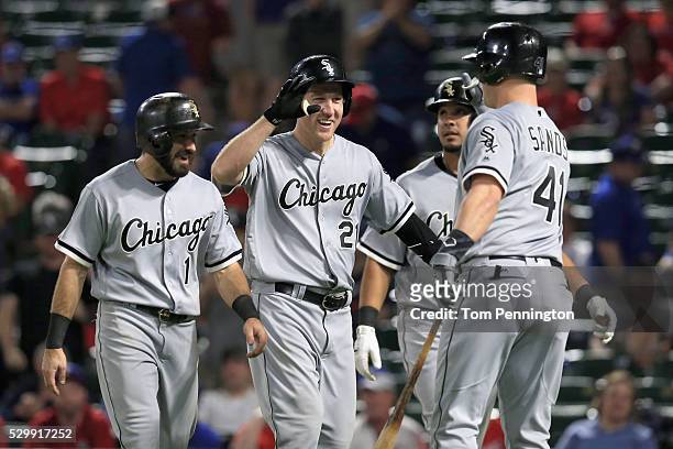 Todd Frazier of the Chicago White Sox celebrates with Adam Eaton of the Chicago White Sox and Jerry Sands of the Chicago White Sox after hitting a...