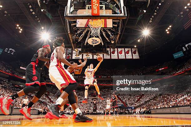 Goran Dragic of the Miami Heat shoots the ball against the Toronto Raptors in Game Four of the Eastern Conference Semifinals at AmericanAirlines...