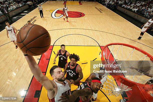 Josh McRoberts of the Miami Heat shoots the ball against the Miami Heat in Game Four of the Eastern Conference Semifinals at AmericanAirlines Arena...