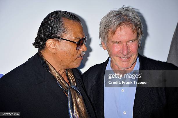 Actors Billy Dee Williams and Harrison Ford arrive at the 30th anniversary charity screening of "The Empire Strikes Back" at Arclight Cinema in...