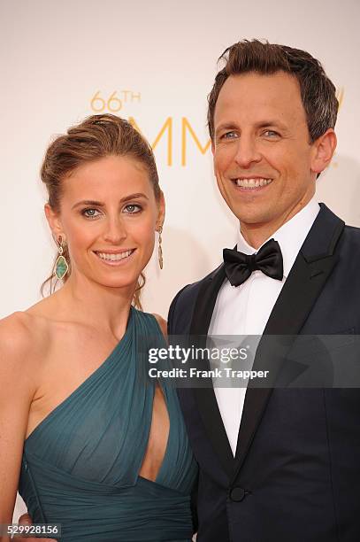 Show host Seth Meyers and wife Alexi Ashe arrive at the 66th Annual Primetime Emmy Awards held at the Nokia Theater L.A. Live.