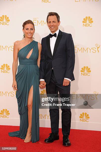 Show host Seth Meyers and wife Alexi Ashe arrive at the 66th Annual Primetime Emmy Awards held at the Nokia Theater L.A. Live.