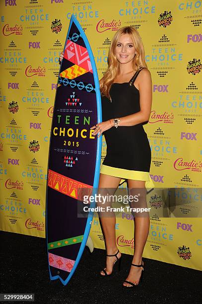 Actress Bella Thorne posing in the press room at the Teen Choice Awards 2015 held at the USC Galen Center.