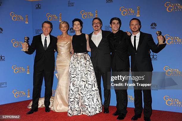 Actors Bryan Cranston, Anna Gunn and Betsy Brandt, writer-producer Vince Gilligan, actors R.J. Mitte and Aaron Paul, winners of Best Series - Drama...