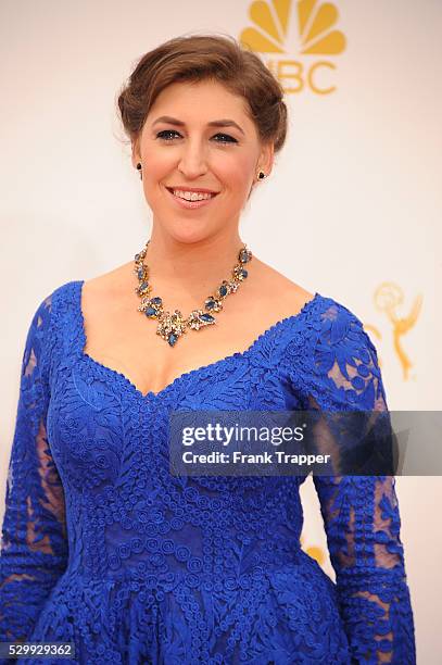 Actress Mayim Bialik arrives at the 66th Annual Primetime Emmy Awards held at the Nokia Theater L.A. Live.