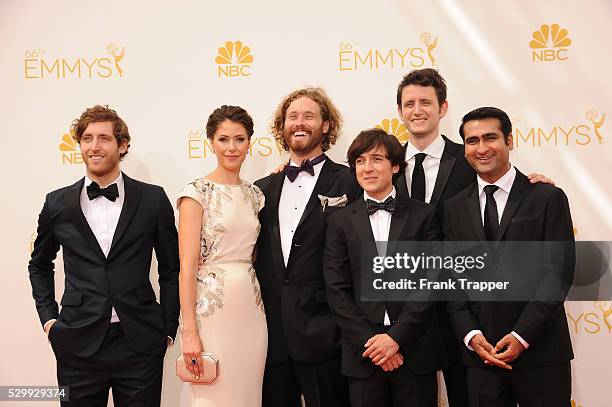 Actors Thomas Middleditch, Amanda Crew, T.J. Miller, Zach Woods, Josh Brener and Kumail Nanjiani from "Silicon Valley" arrive at the 66th Annual...