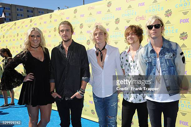 Musicians R5 arrive at the Teen Choice Awards 2015 held at the USC Galen Center.
