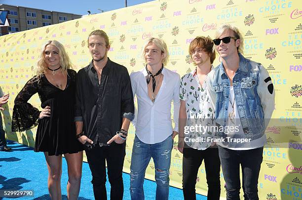 Musicians R5 arrive at the Teen Choice Awards 2015 held at the USC Galen Center.