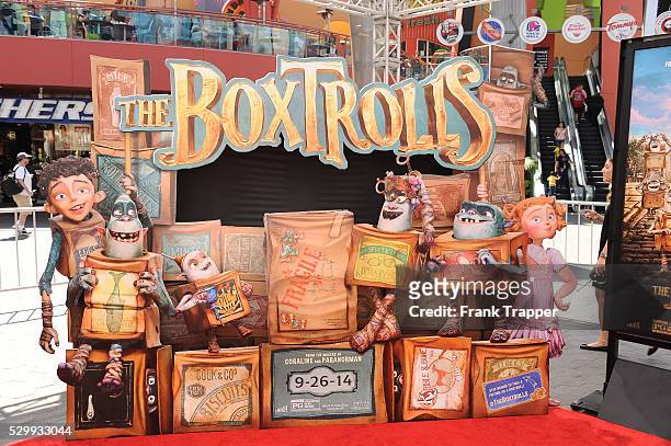 Movie poster and display at the premiere of "The Boxtrolls" held at Universal CityWalk.