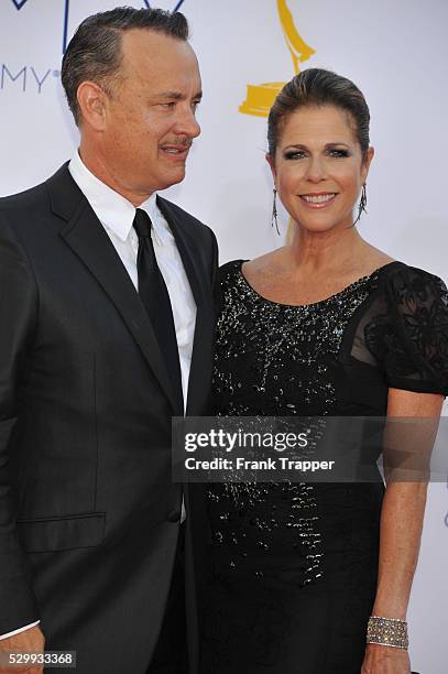 Actors Tom Hanks and actress, wife Rita Wilson arrive at the 64th Annual Primetime Emmy Awards held at the Nokia Theater L.A. Live.