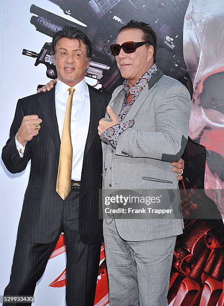 Actors Sylvester Stallone and Mickey Rourke arrive at the Premiere of Lionsgate Films' "The Expendables" held at Grauman's Chinese Theatre in...