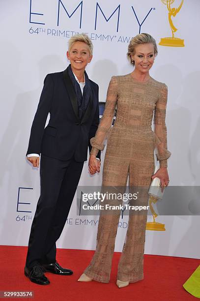 Actor Ellen Degeneres and Portia de Rossi arrive at the 64th Annual Primetime Emmy Awards held at the Nokia Theater L.A. Live.