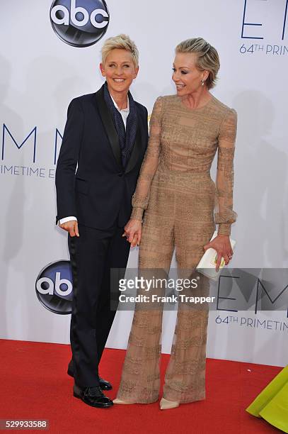 Actor Ellen Degeneres and Portia de Rossi arrive at the 64th Annual Primetime Emmy Awards held at the Nokia Theater L.A. Live.