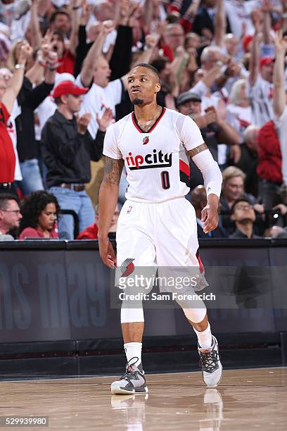 Damian Lillard of the Portland Trail Blazers celebrates during the game against the Golden State Warriors in Game Four of the Western Conference...