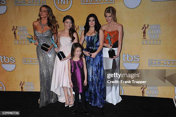 Actors Ariel Winter, Sarah Hyland, Sofia Vergara, Julie Bowen, and Aubrey Anderson-Emmons, winners of the Outstanding Performance by an Ensemble in a...