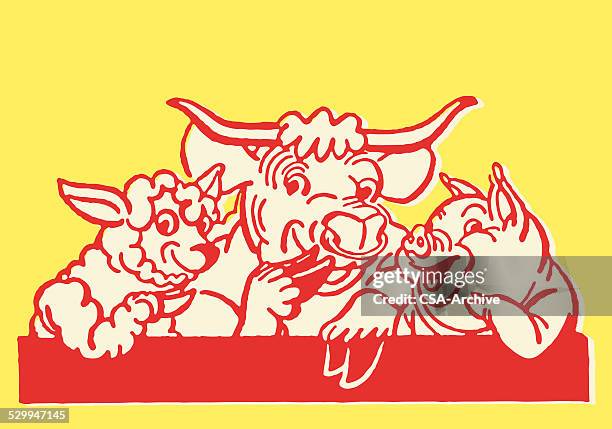 sheep cow and pig laughing - funny cow stock illustrations