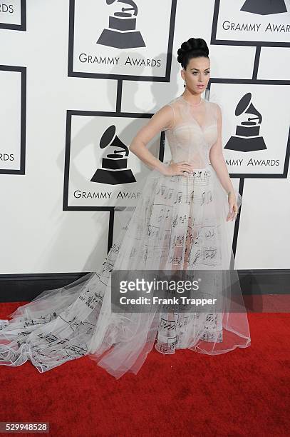 Recording artist Katy Perry arrives at the 56th GRAMMY Awards held at the Staples Center.
