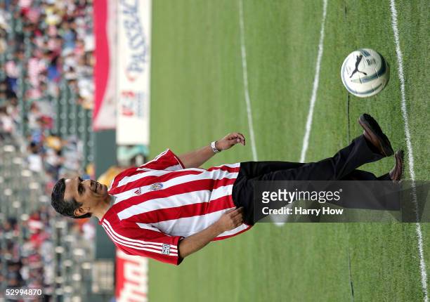 Los Angeles mayor-elect Antonio Villaraigosa performs the first kick before the MLS match between the Los Angeles Galaxy and Chivas USA at the Home...