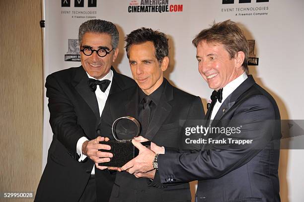 Actors Eugene Levy, honoree Ben Stiller and Martin Short pose with the American Cinematheque Award at the the 26th American Cinematheque Award Gala...