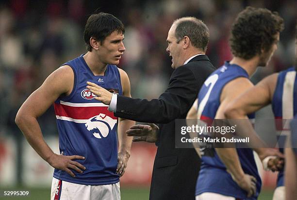 Ryan Griffen for the Bulldogs speaks with coach Rodney Eade after losing the AFL Round 10 match between the Essendon Bombers and the Western Bulldogs...