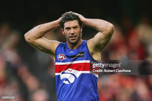 Rohan Smith of the Bulldogs is dejected at missing a shot on goal during the round 10 AFL match between the Essendon Bombers and the Western Bulldogs...