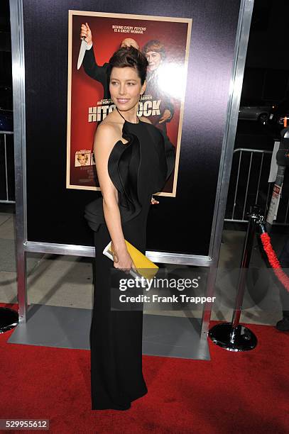 Actress Jessica Biel arrives at the premiere of Hitchcock held at the Academy of Motion Picture Arts and Sciences in Beverly Hills.