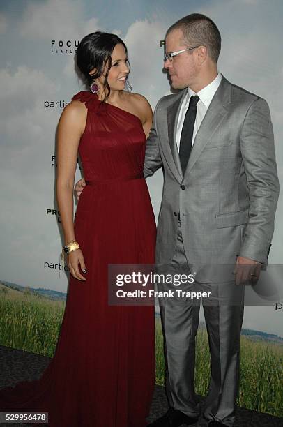 Actor Matt Damon and wife Luciana Damon arrive at the premiere of Promised Land held at the Directors Guild of America in West Hollywood.