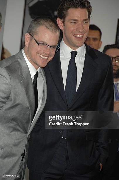 Actors Matt Damon and John Krasinski arrive at the premiere of Promised Land held at the Directors Guild of America in West Hollywood.