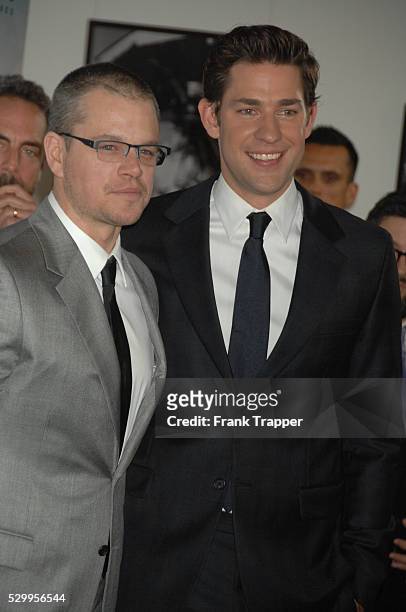 Actors Matt Damon and John Krasinski arrive at the premiere of Promised Land held at the Directors Guild of America in West Hollywood.