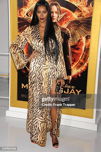 Model Jessica White arrives at the premiere off "The Hunger Games: Mockingjay Part 1" held at Nokia Theater L.A. Live.