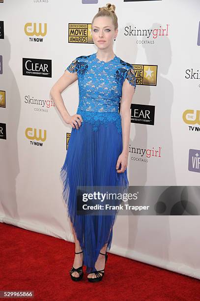 Actress Amanda Seyfried arrives at the 18th Annual Critics' Choice Movie Awards held at Barker Hanger in Santa Monica, California.