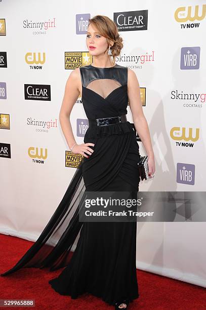 Actress Jennifer Lawrence arrives at the 18th Annual Critics' Choice Movie Awards held at Barker Hanger in Santa Monica, California.