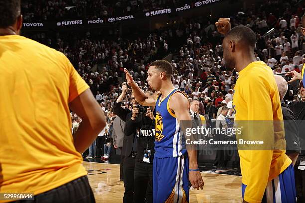 Stephen Curry of the Golden State Warriors celebrates after Game Four of the Western Conference Semifinals against the Portland Trail Blazers during...