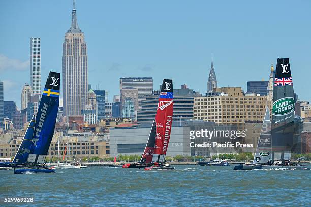 At the start of the first of three races, Artemis Team Sweden takes the lead. Six competitors for the Louis Vuitton America's Cup vied for standing...