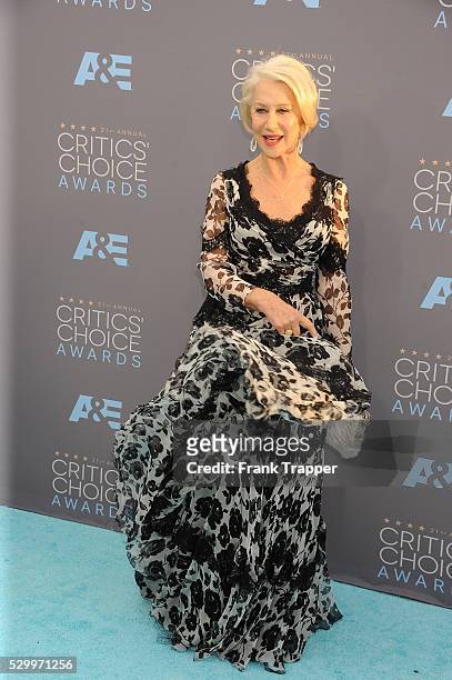 Actress Helen Mirren arrives at the 21st Annual Critics' Choice Awards held at Barker Hangar in Santa Monica.