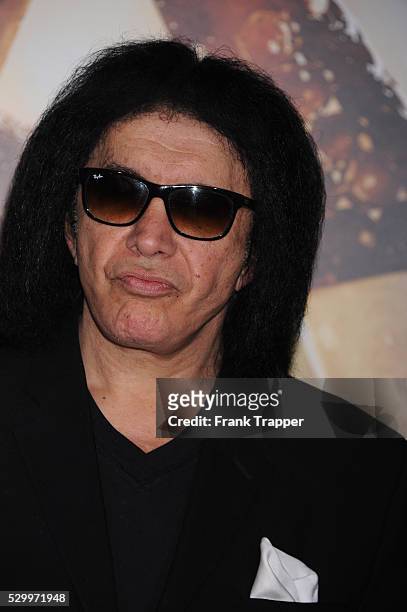 Musician Gene Simmons arrives at the premiere of "300: Rise Of An Empire" held at the TCL Chinese Theater in Hollywood.
