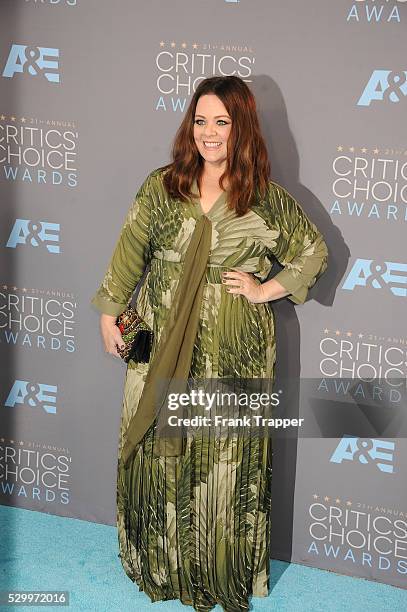 Actress Melissa McCarthy arrives at the 21st Annual Critics' Choice Awards held at Barker Hangar in Santa Monica.