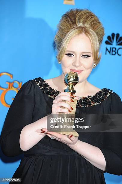 Singer Adele, winner of Best Original Song - Motion Picture for Skyfall, posing at the 70th Annual Golden Globe Awards held at The Beverly Hilton...