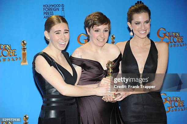 Actresses Zosia Mamet, Lena Dunham and Allison Williams of Girls, winner Best Televison Series, Comedy or Musical, posing at the 70th Annual Golden...