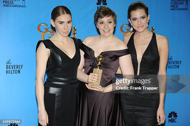 Actresses Zosia Mamet, Lena Dunham and Allison Williams of Girls, winner Best Televison Series, Comedy or Musical, posing at the 70th Annual Golden...