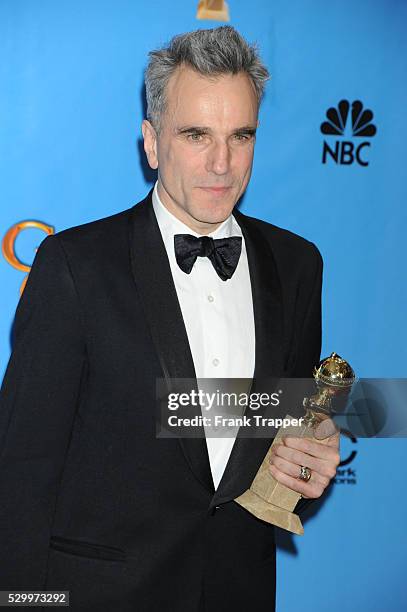 Actor Daniel Day-Lewis, winner Best Actor in a Motion Picture, Drama for Lincoln, posing at the 70th Annual Golden Globe Awards held at The Beverly...