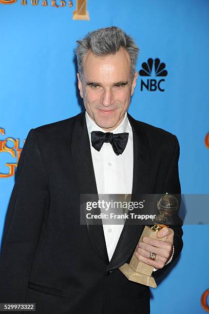 Actor Daniel Day-Lewis, winner Best Actor in a Motion Picture, Drama for Lincoln, posing at the 70th Annual Golden Globe Awards held at The Beverly...