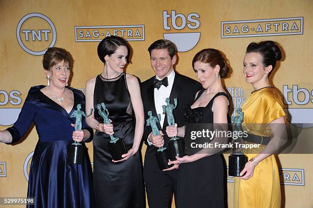 Actors Phyllis Logan, Michelle Dockery, Allen Leech, Amy Nuttall and Sophie McShera, winners of Outstanding Performance by an Ensemble in a Drama...