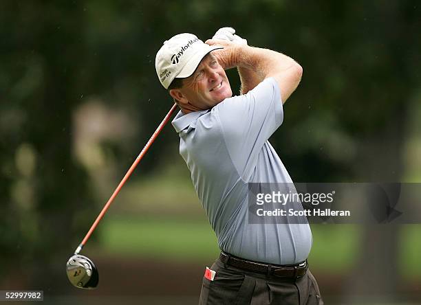 Fred Funk hits his tee shot on the fifth hole during the final round of the Fed Ex St. Jude Classic at the TPC Southwind on May 29, 2005 in Memphis,...