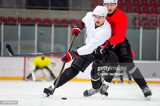 two ice hockey players dueling - men's ice hockey stockfoto's en -beelden