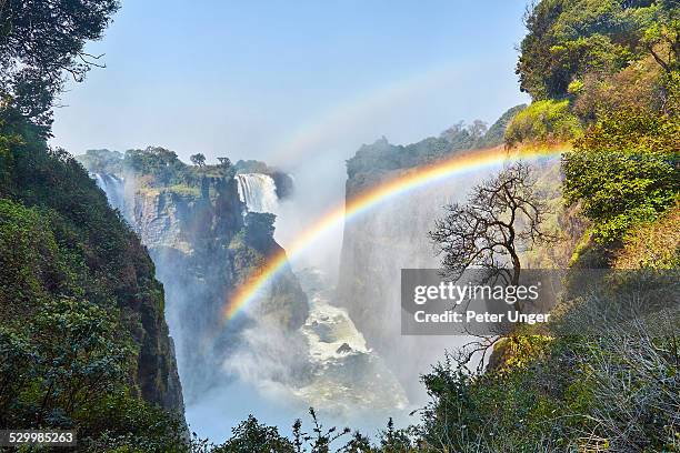 a rainbow appears in the gorge of victoria falls - zimbabue fotografías e imágenes de stock